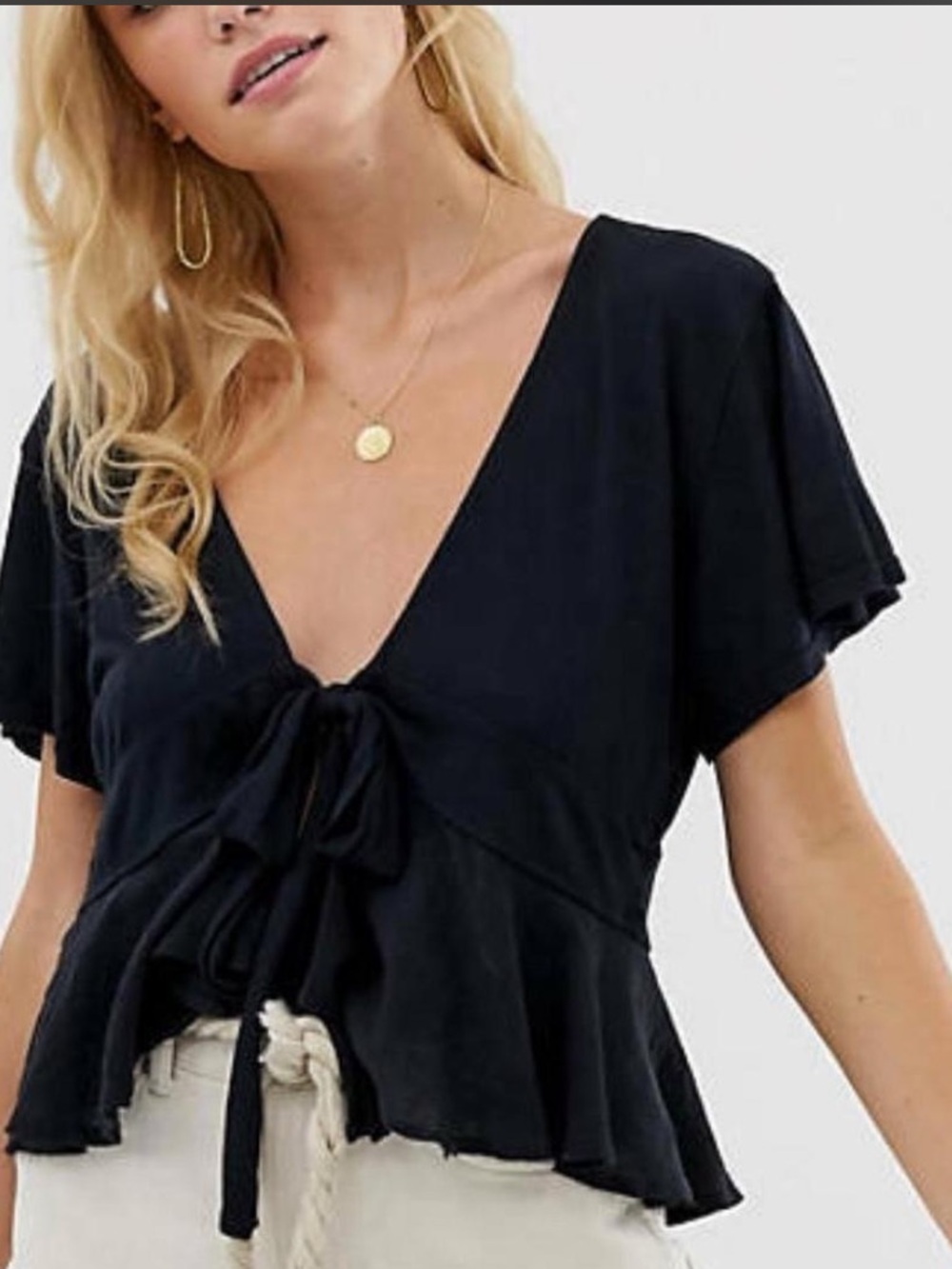 Free people Black Tie-Front V-Neck Peplum Blouse